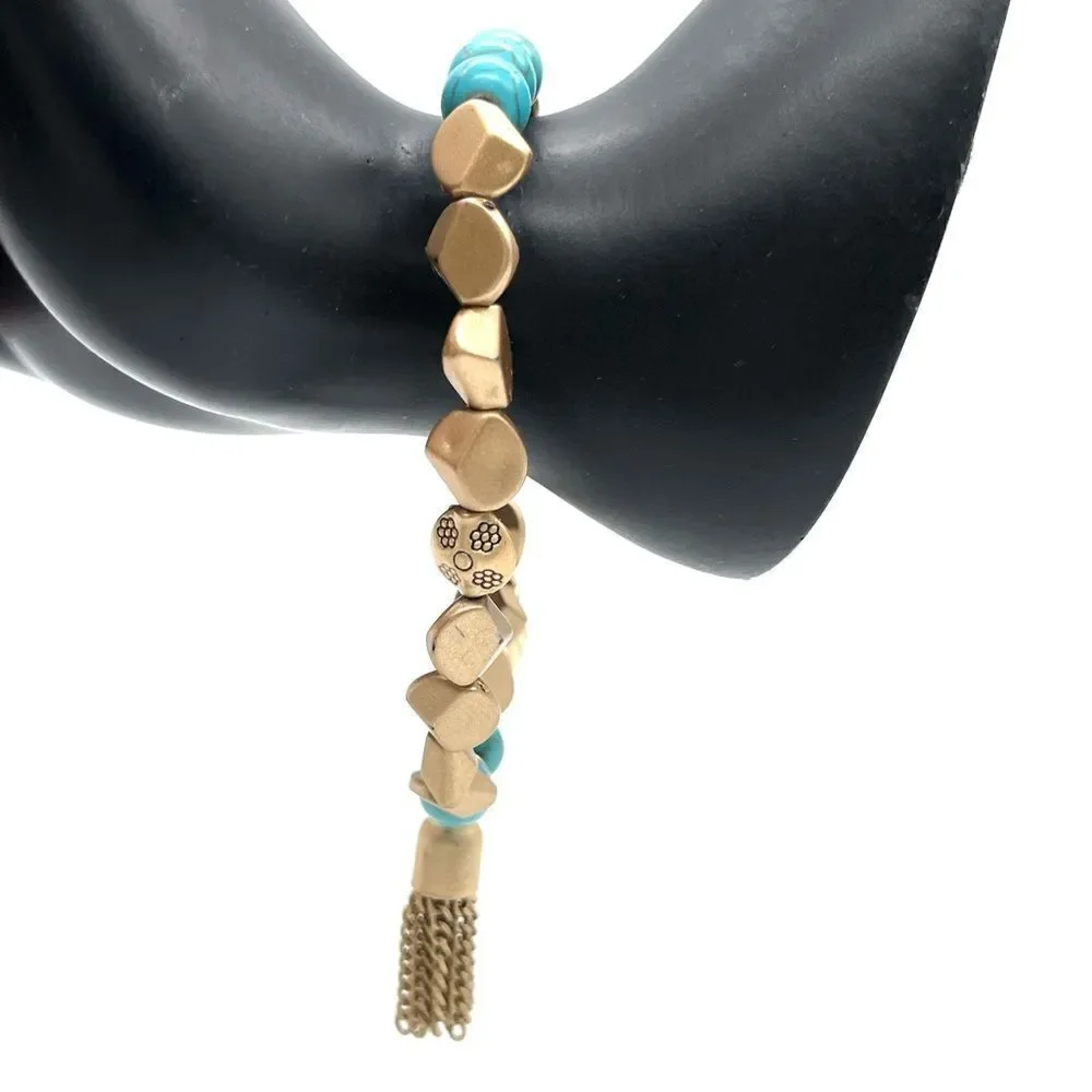 Turquoise and Gold Beads Stretch Bracelet with Tassel and Shell Decor